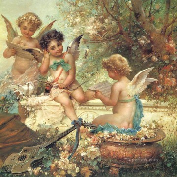 Impresionismo Painting - ángeles florales y guitarra Hans Zatzka niño niño